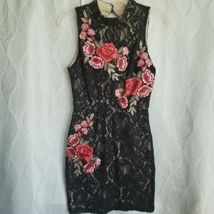 Black Lace Embroidered Floral Cutout Dress